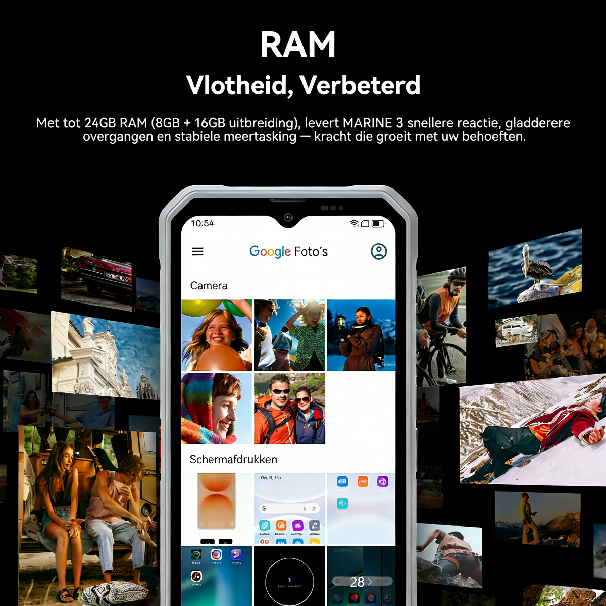 Telefoon toont foto's, tekst over RAM en prestaties. Meerdere foto's zichtbaar.