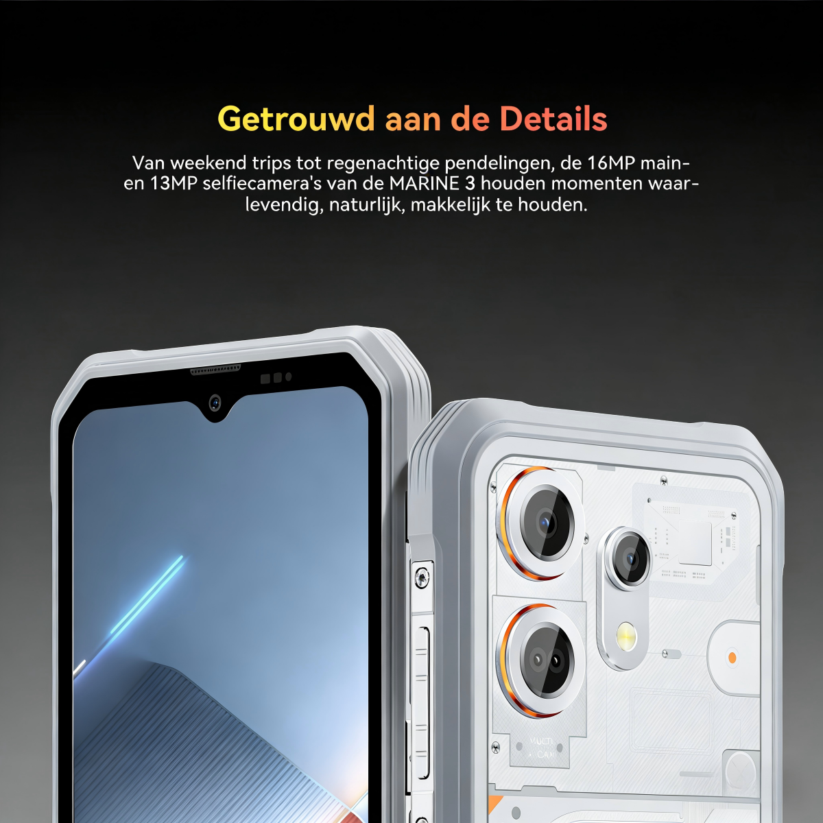 Close-up van twee robuuste telefoons, één met leeg scherm, de ander met camera's.