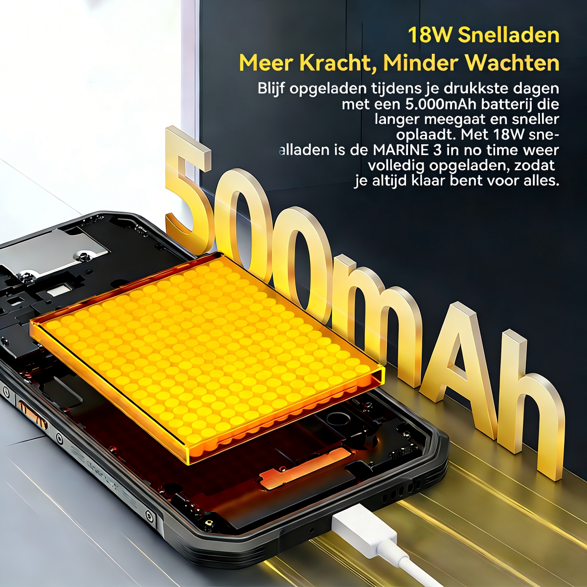 Een smartphone met 5000mAh batterij, laadt op met 18W.