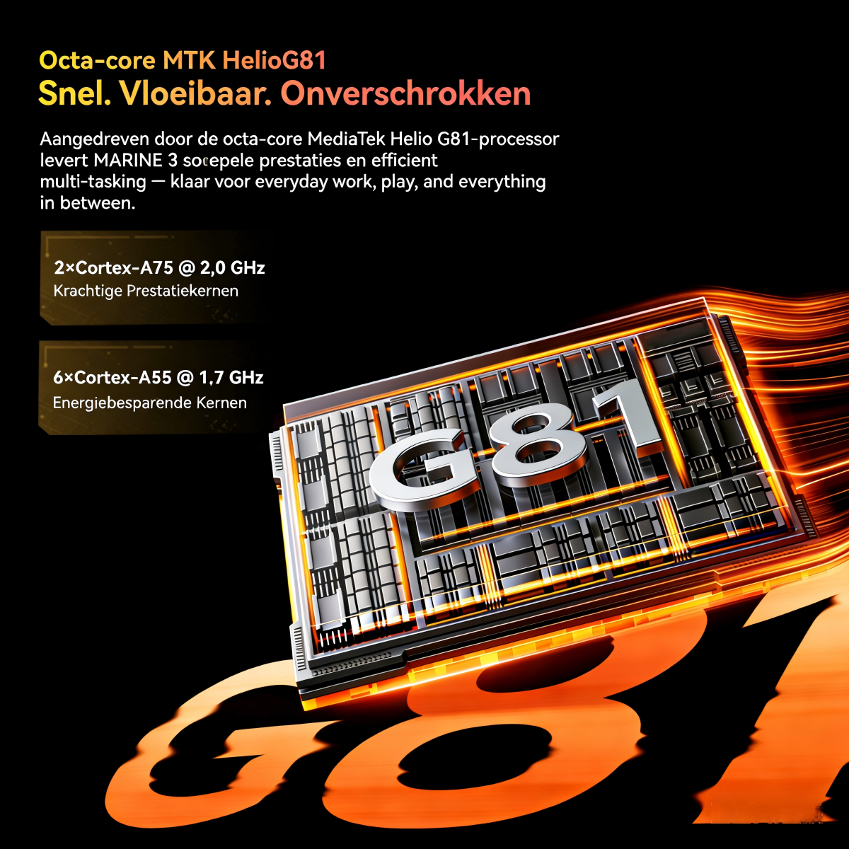 Octa-core G81 processor met oranje vloeiende lijnen. Tekst benadrukt prestaties.