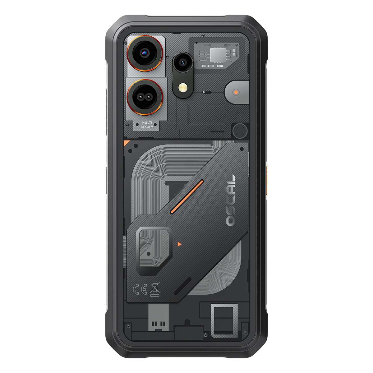 Achterkant van een zwarte smartphone met transparant ontwerp dat interne componenten toont.