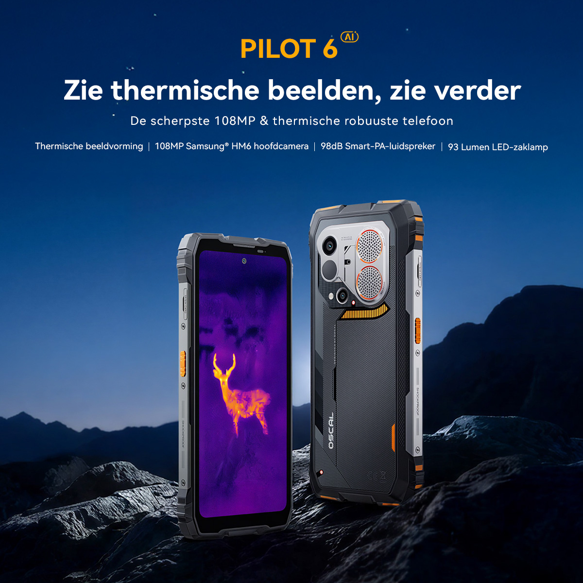 Twee OSCAL Pilot 6 telefoons buiten, één toont een thermische afbeelding van een hert.
