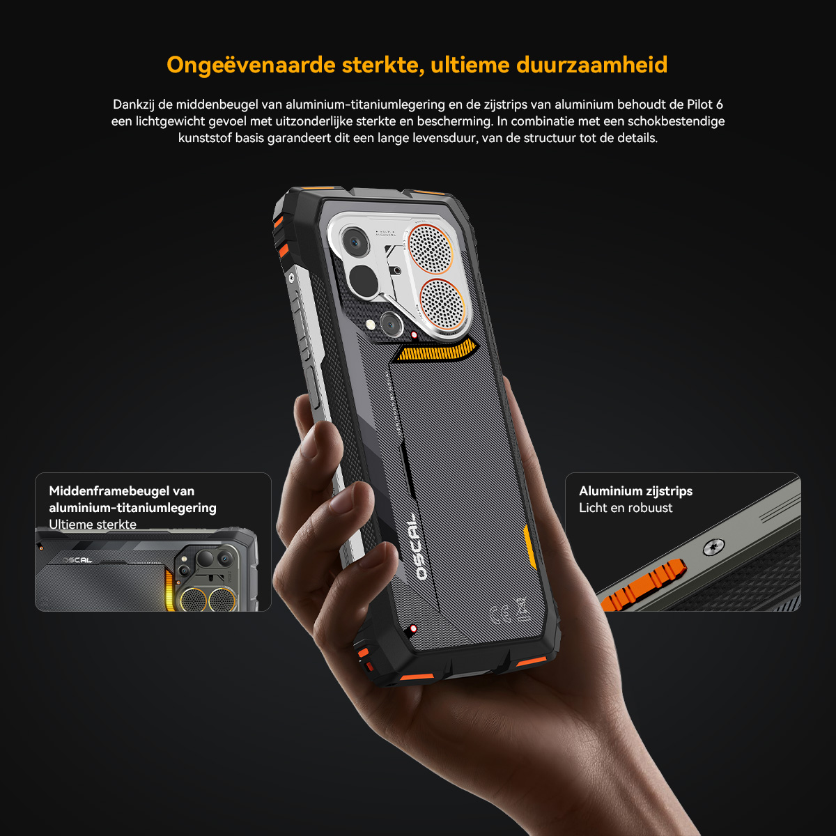 Een hand houdt een robuuste smartphone met oranje accenten en gedetailleerde cameralenzen.