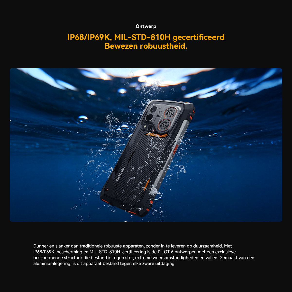 Robuuste smartphone ondergedompeld in water, met stof en bubbels.