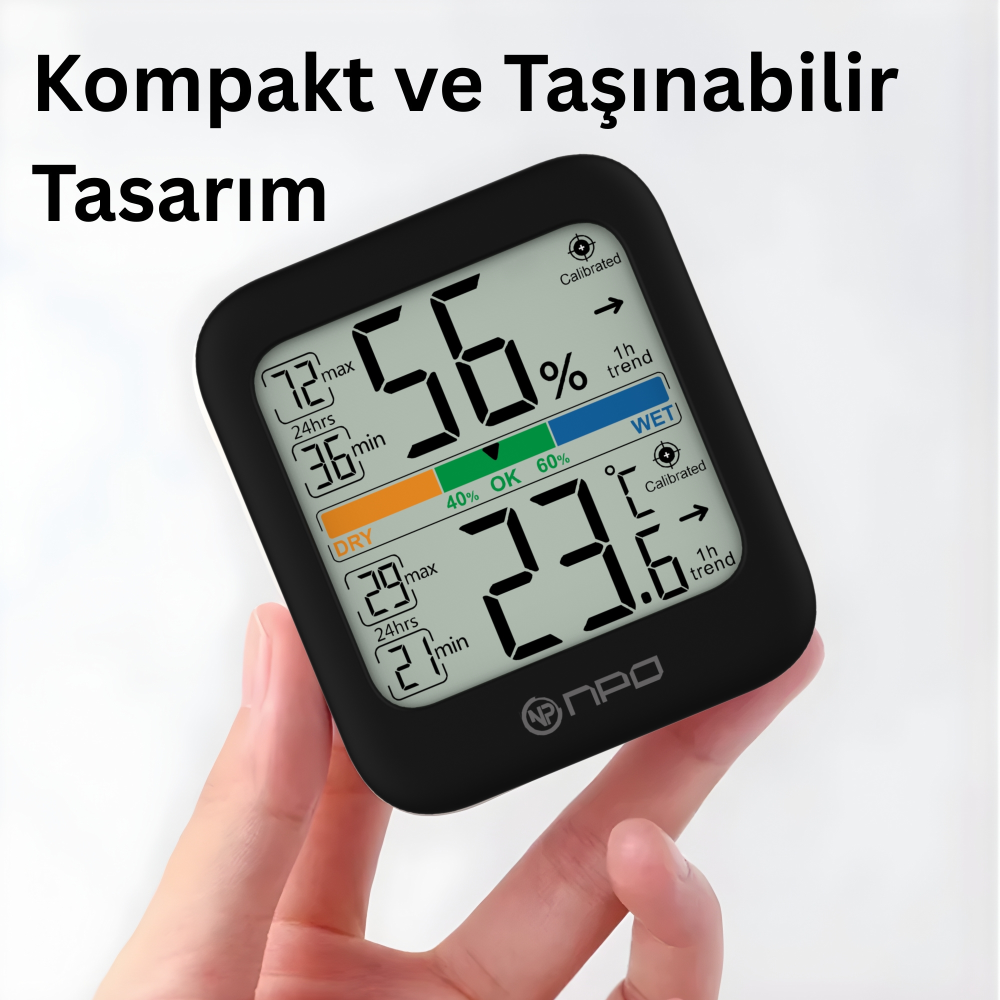 Siyah dijital higrometre %56 nem ve 23.6°C sıcaklık gösteriyor.