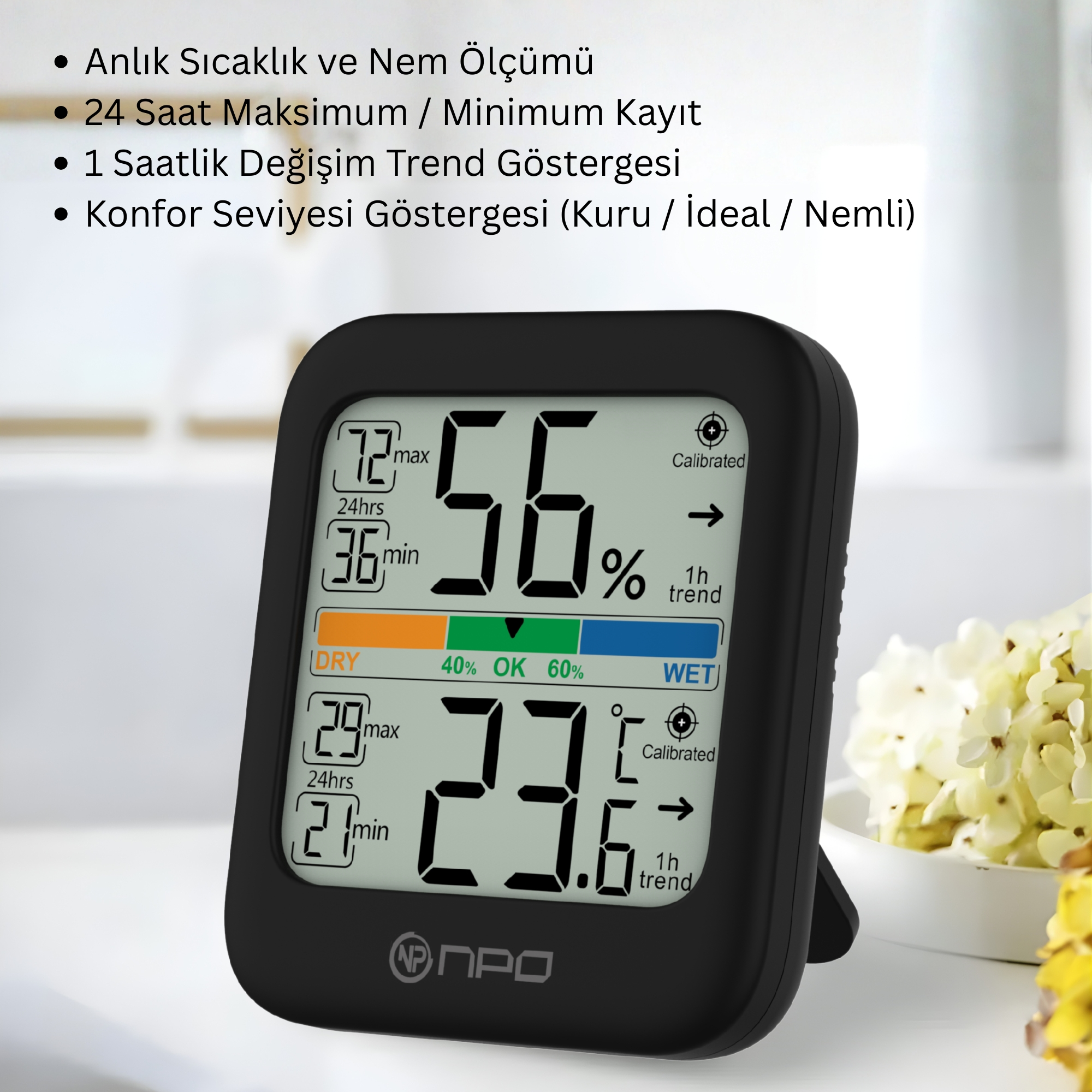 Siyah dijital termometre %56 nem ve 23.6°C sıcaklık gösteriyor.
