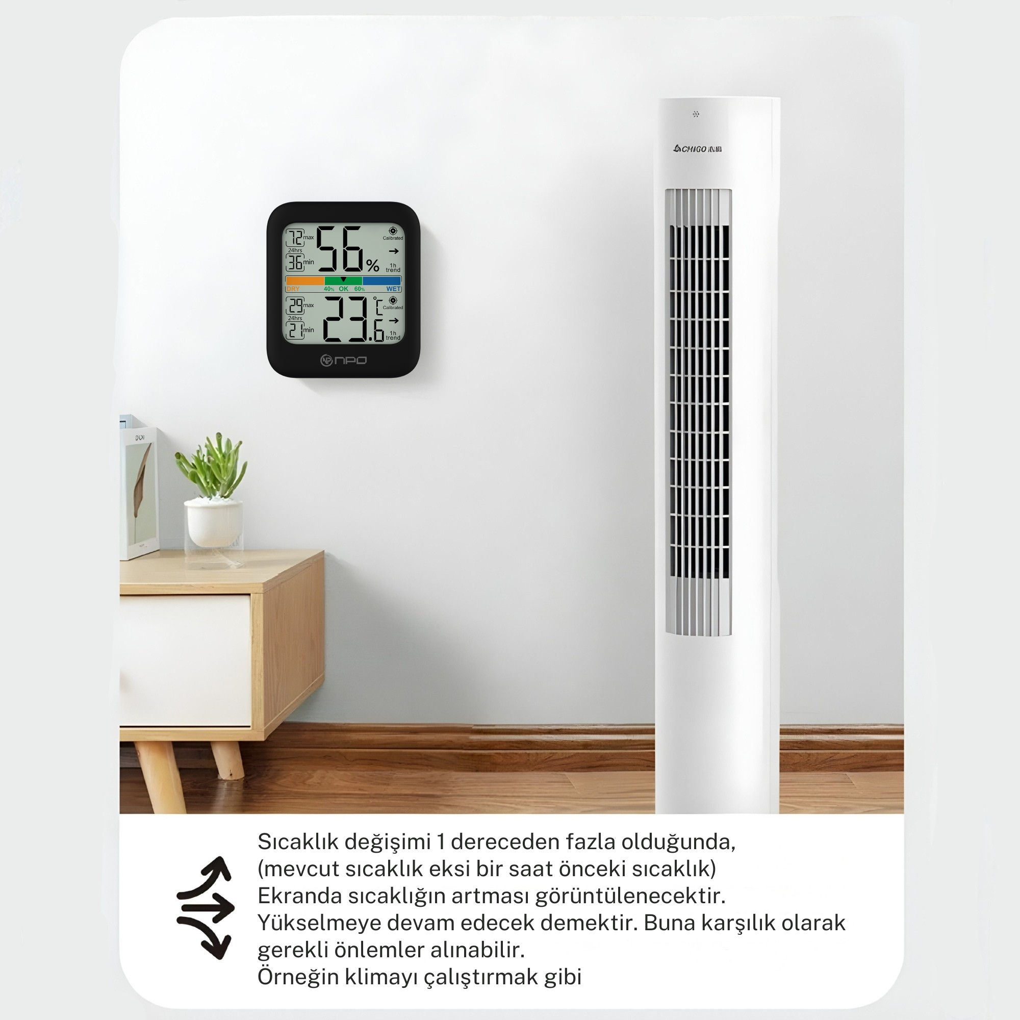 Termometre %56 nem ve 23.6°C gösteriyor. Yanında bir vantilatör var.