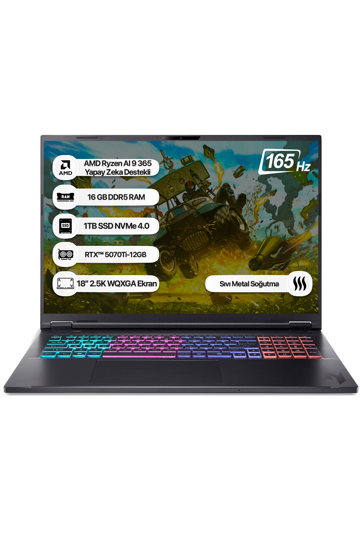 ACER Nitro 18 NH.QYFEY.001 12GB RTX5070Ti 165Hz WQXGA AMD Ryzen AI 9 365 16 GB RAM 1 TB SSD 18 inç FreeDOS Laptop Siyah