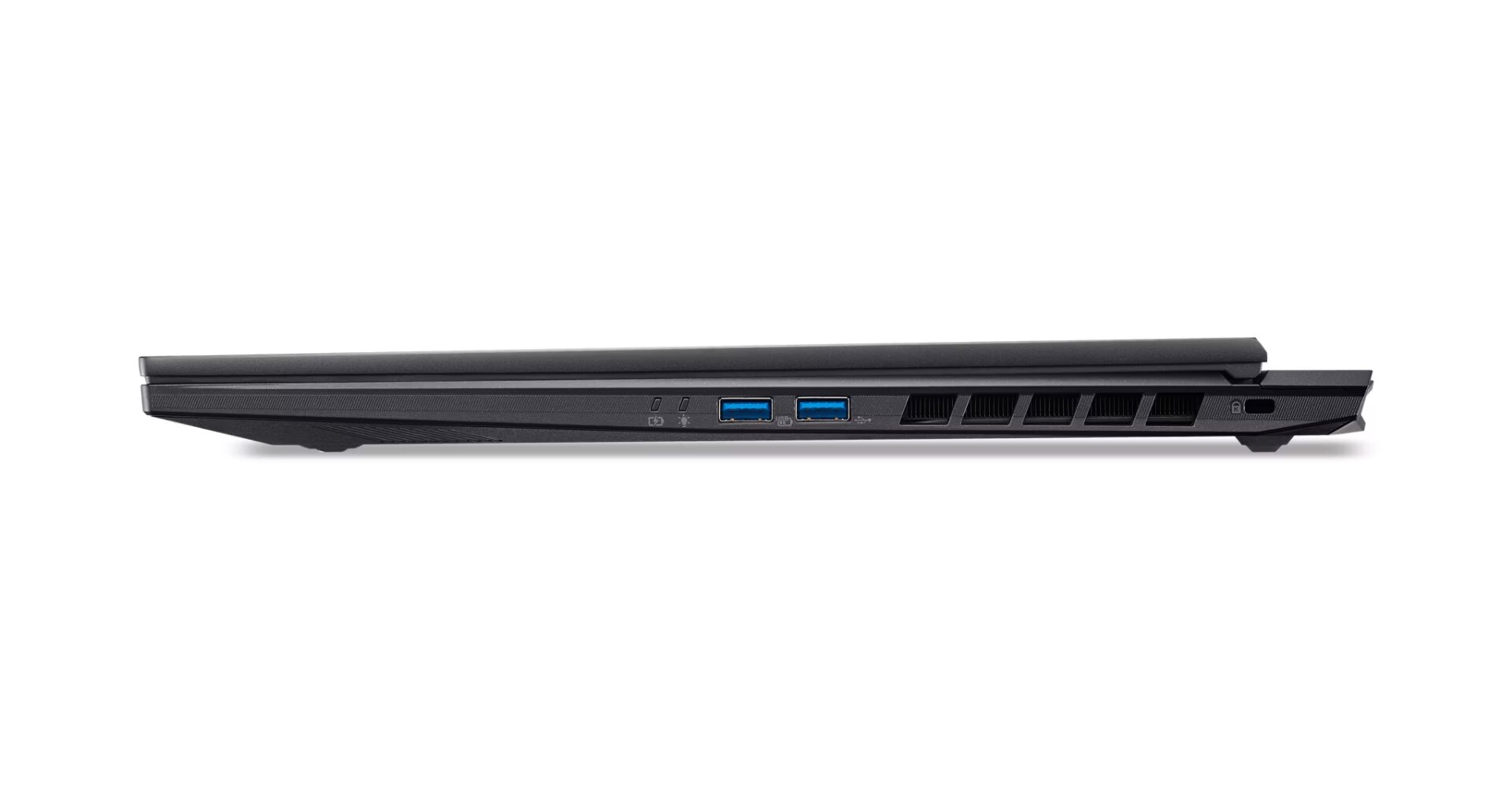 Siyah dizüstü bilgisayar yan görünüm portlar: 2x USB, havalandırma delikleri, Kensington kilidi.