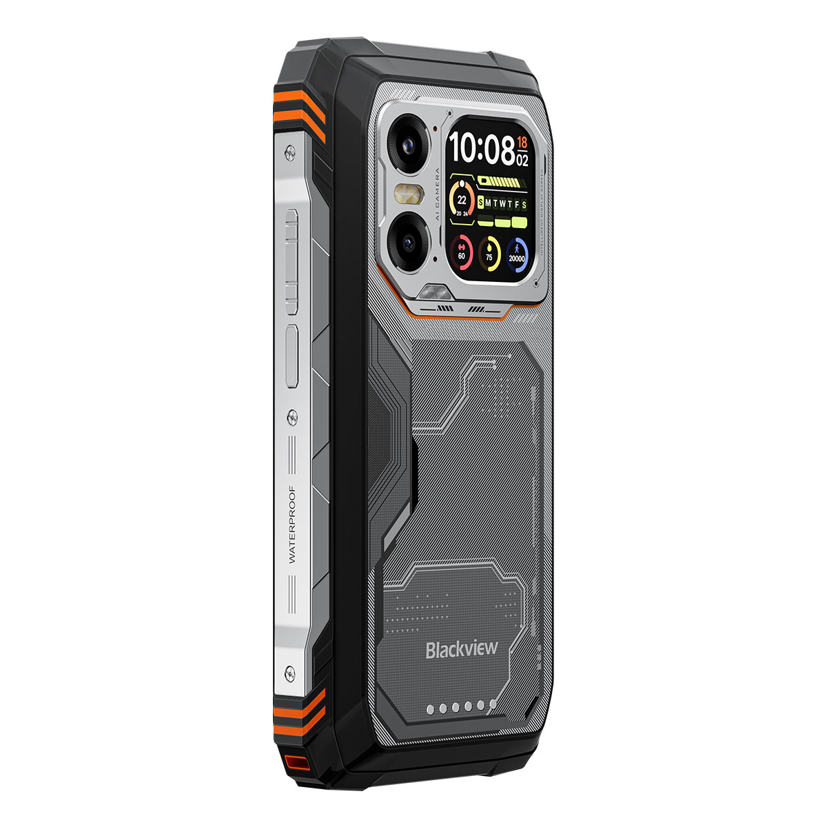 Een robuuste zwarte smartphone met oranje accenten en drie camera's.