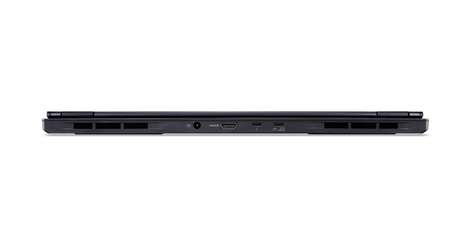 Yanda HDMI, USB-C ve USB-A bağlantı noktalarına sahip siyah dizüstü bilgisayar.