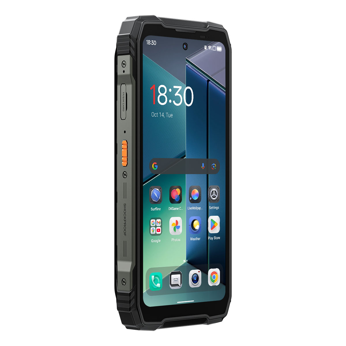 Wytrzymały smartfon z czarną obudową, wyświetlający 18:30 na ekranie.