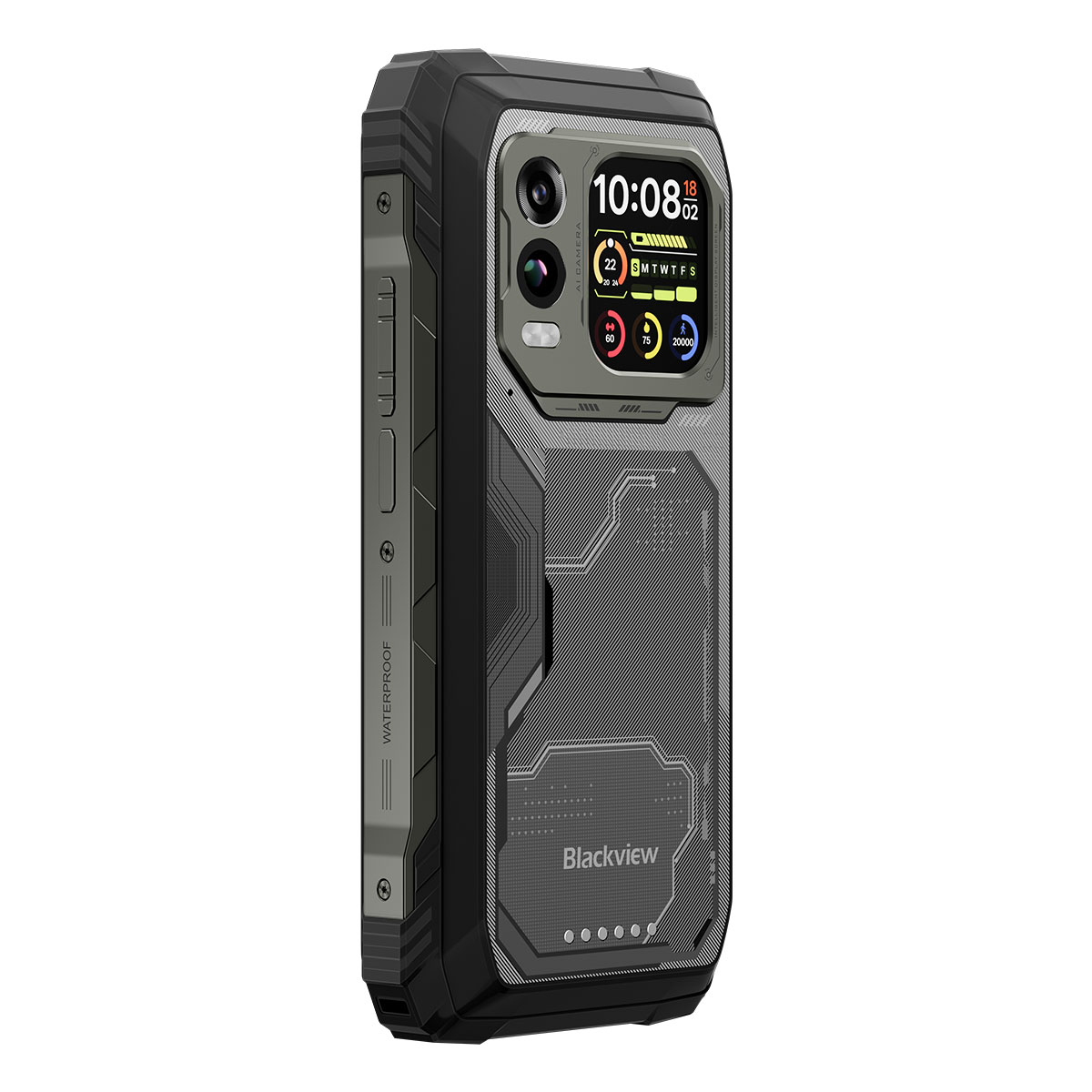 Wytrzymały smartfon Blackview z aparatem i ekranem pokazującym czas i ikony.