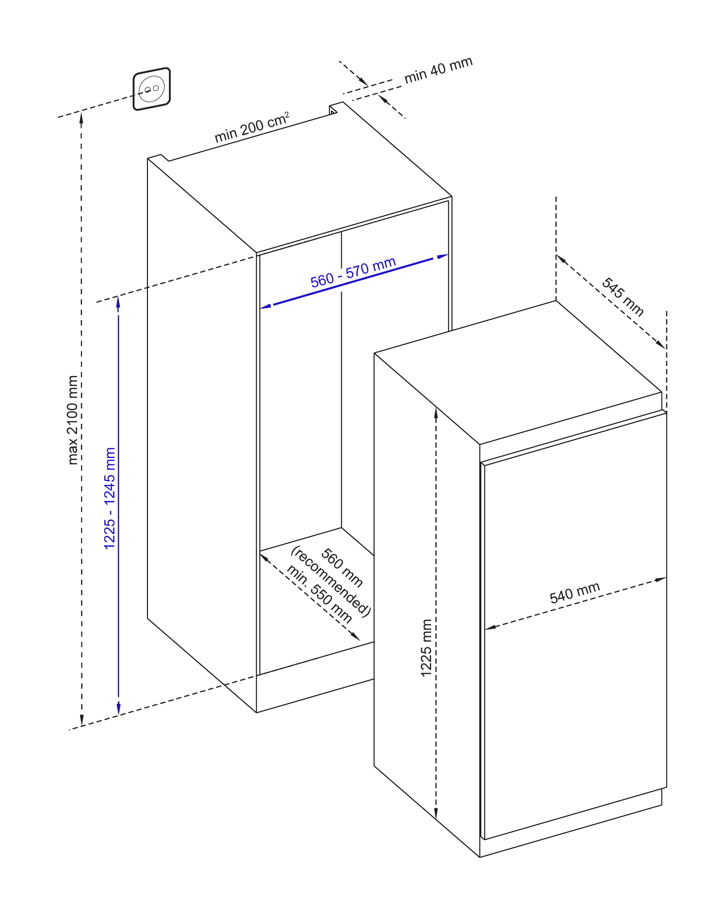 Technische tekening van een koelkast met afmetingen. Stopcontact bovenaan.