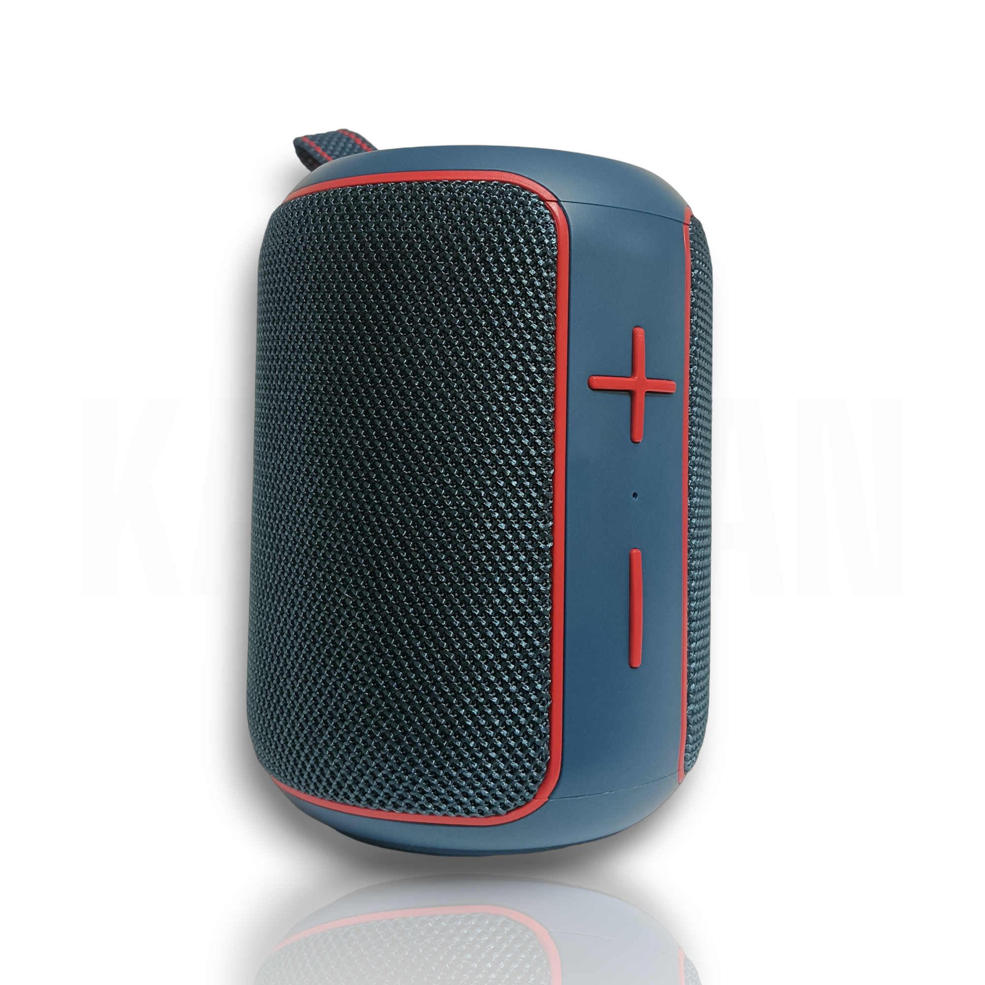 Un altavoz portátil azul con detalles rojos y rejilla de malla negra.