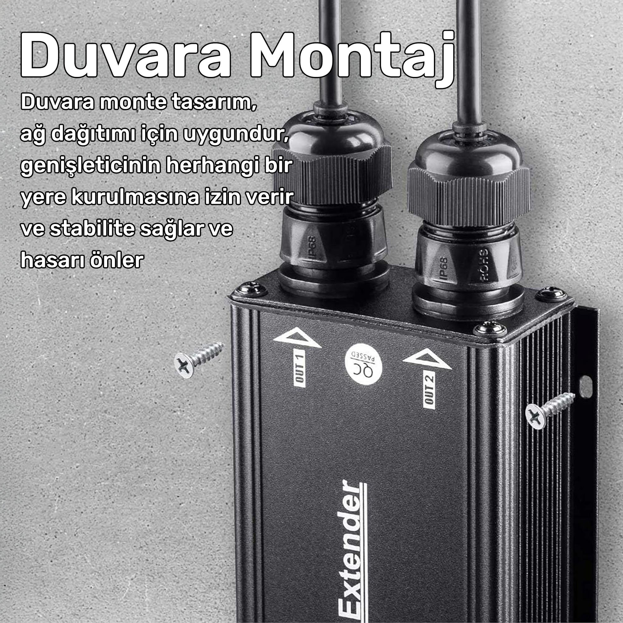 Duvara monte edilmiş, "OUT 1" ve "OUT 2" yazılı siyah Extender.