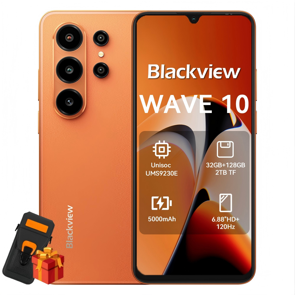 Oranje Blackview Wave 10 telefoon met 3 camera's, accessoires en cadeau.