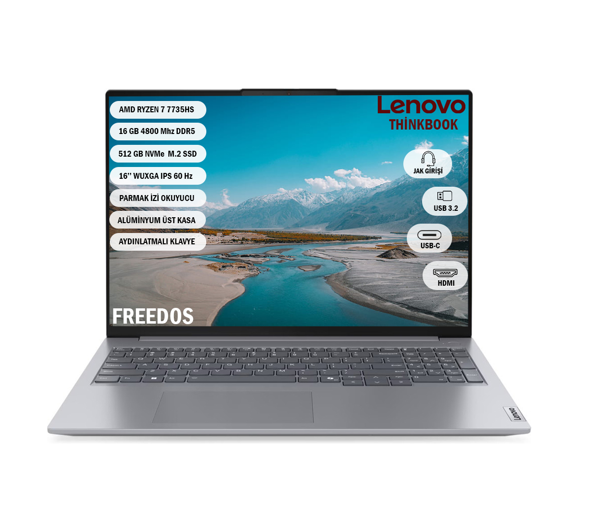 Gri Lenovo Thinkbook dizüstü bilgisayar, ekranda özellikler ve dağ manzarası.