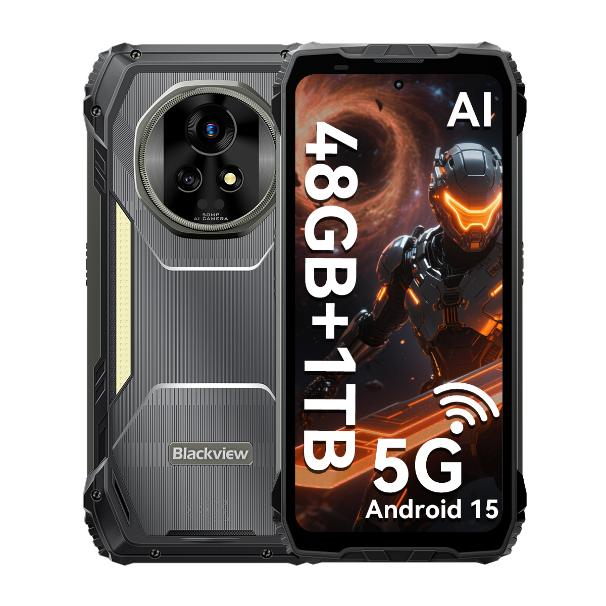 Wytrzymały czarny smartfon z tłem AI, 48 GB+1 TB, 5G, Android 15.