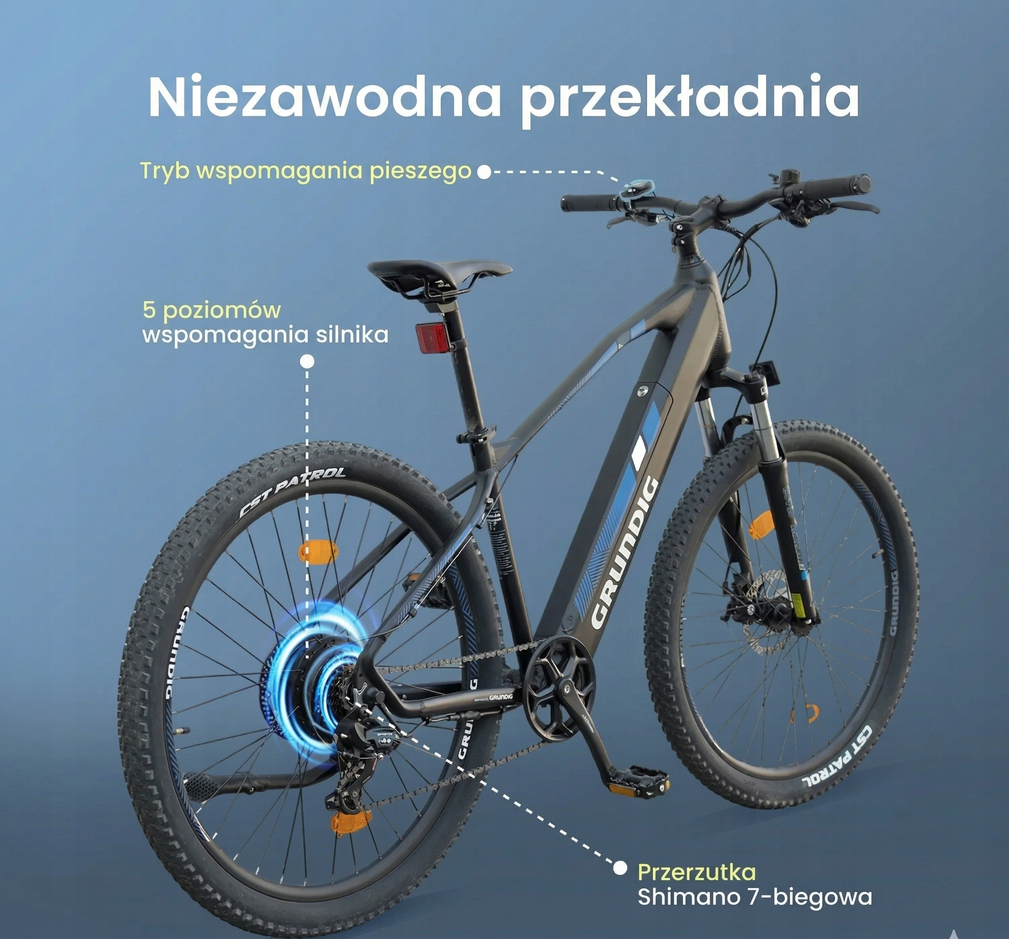 Czarny rower elektryczny z niebieskimi akcentami, na niebieskim tle.