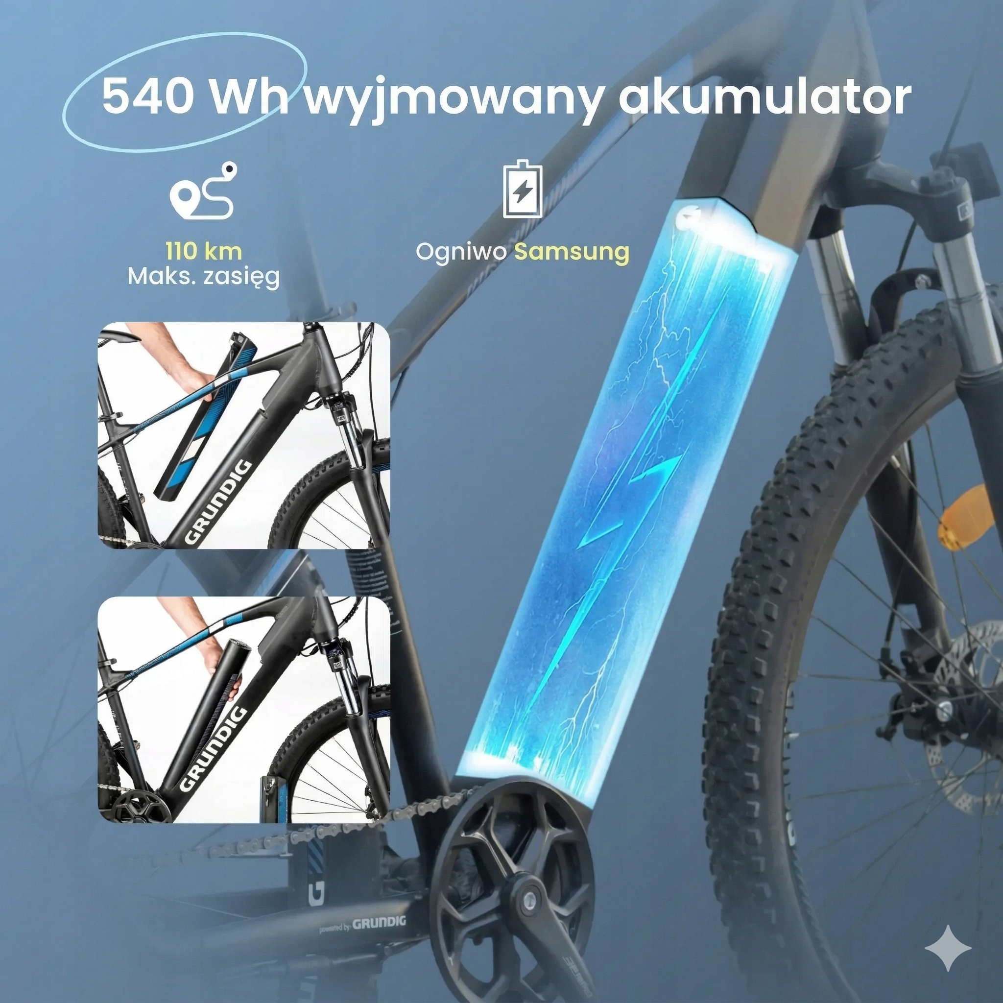 Wyjmowany akumulator e-bike 540 Wh, ogniwo Samsung, zasięg 110 km.