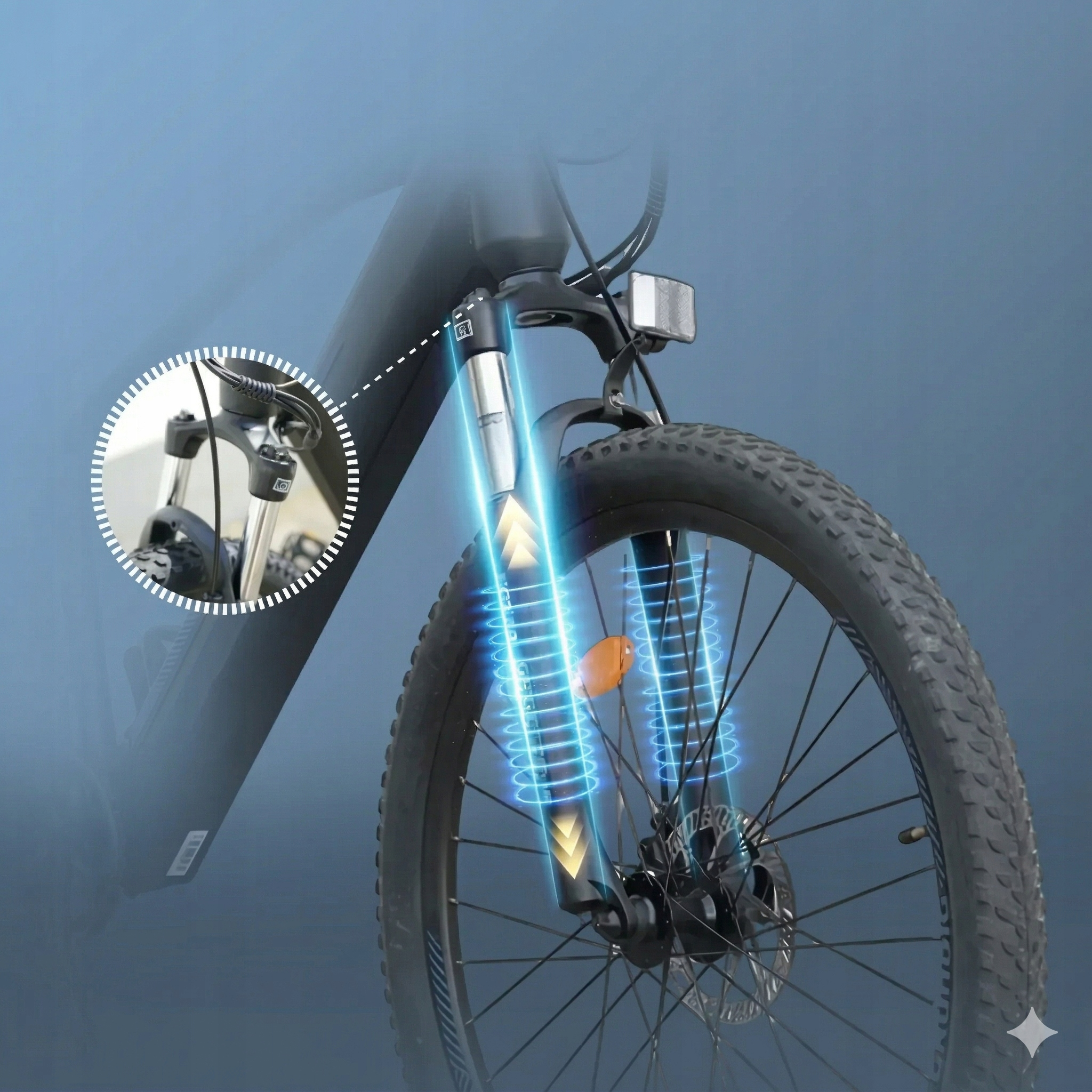 Widok z przodu czarnego roweru z amortyzatorami i efektami amortyzacji.