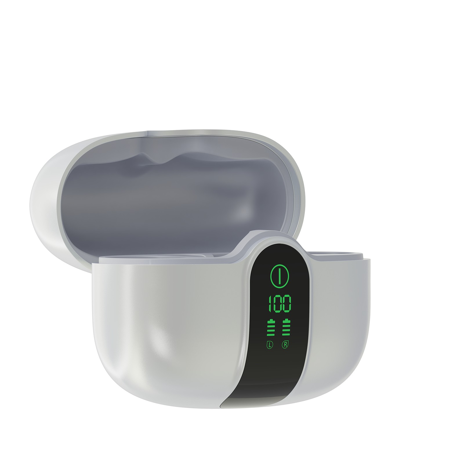Een witte, geopende oplaadcase voor oordopjes met digitaal display.