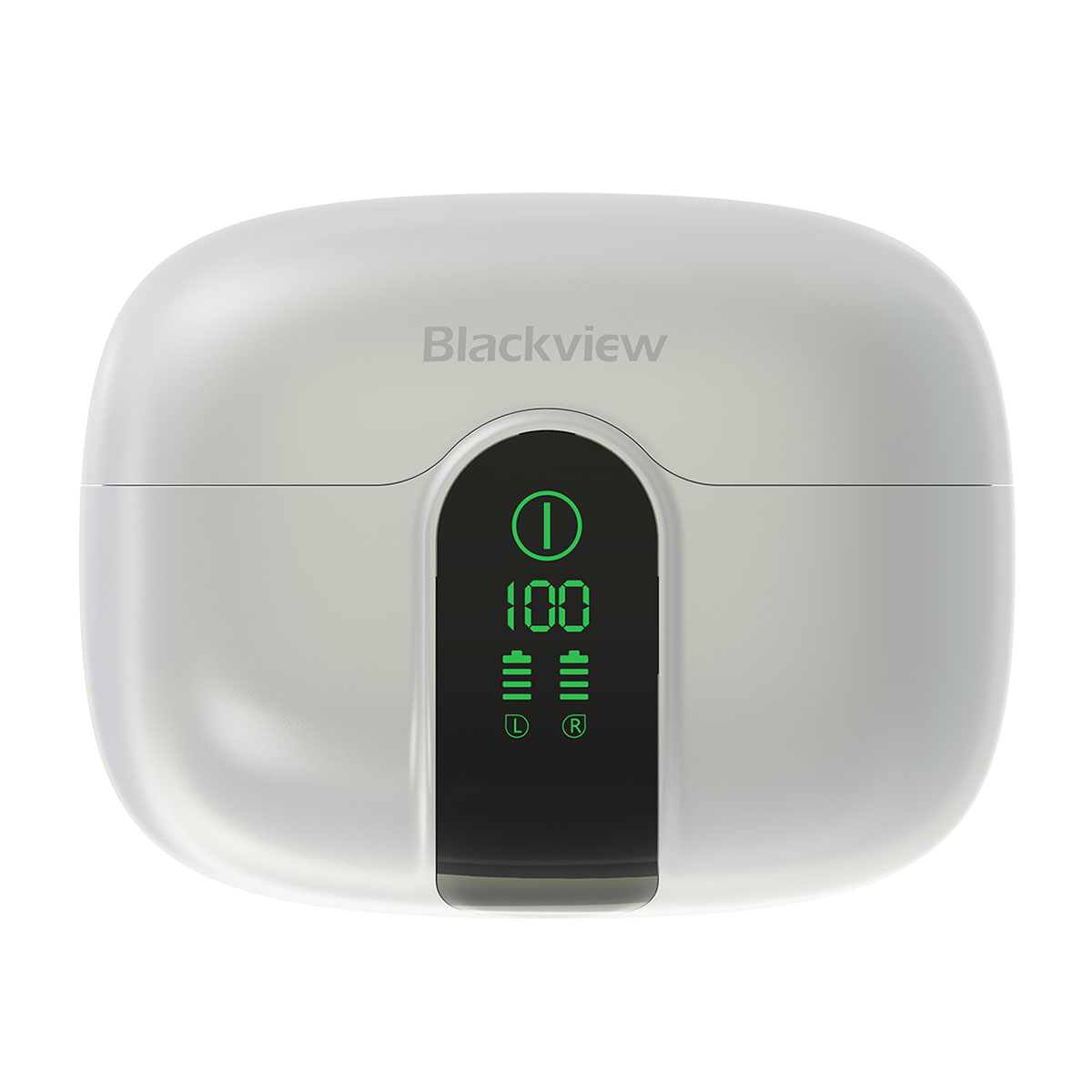Een witte oplaadcase met een zwart display dat 100% en batterijstatus toont.