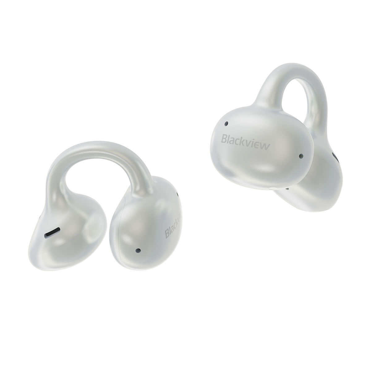 Twee witte Blackview oordopjes met haakjes, op witte achtergrond.