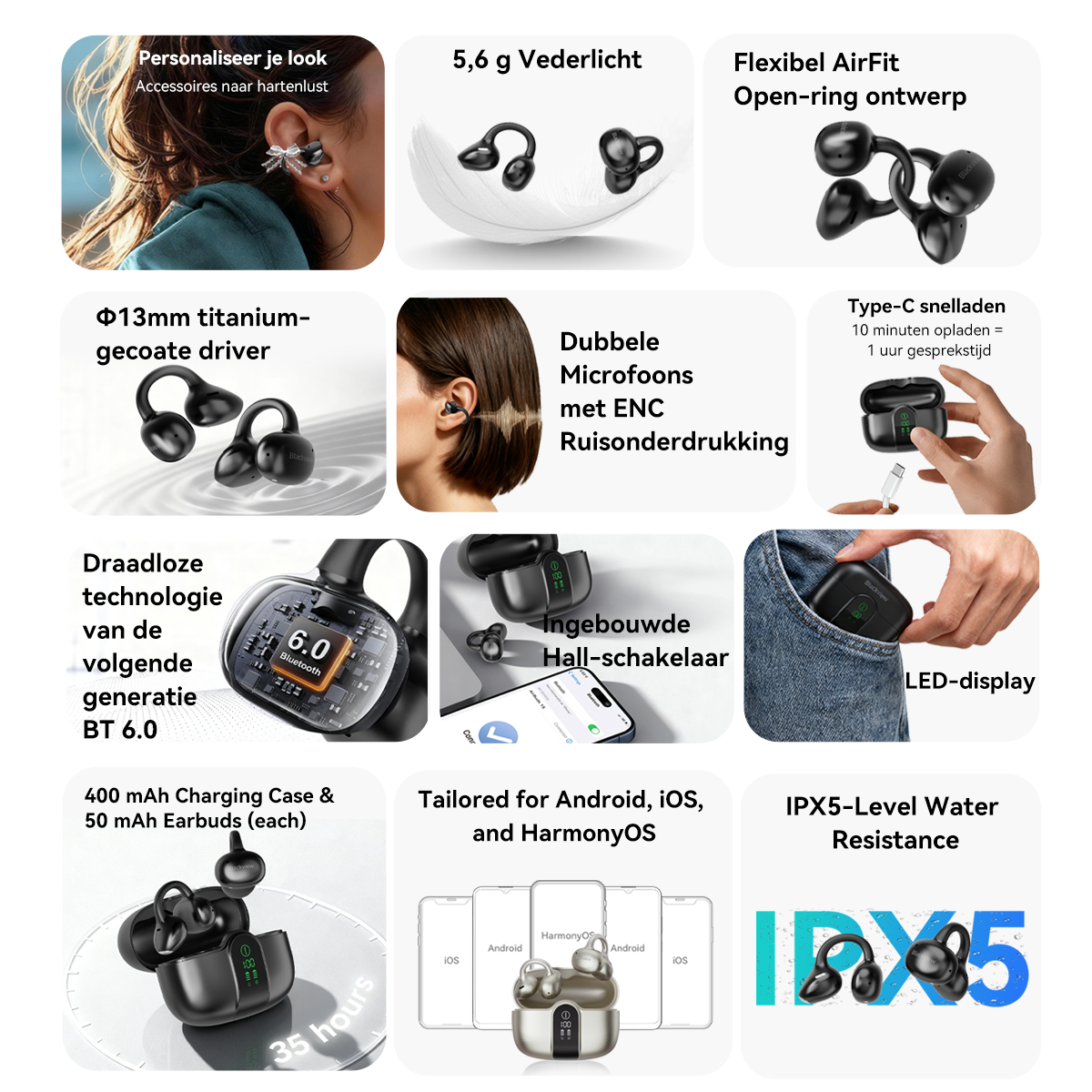 Collage van oordopjes: personalisatie, lichtgewicht, AirFit, driver, microfoons, opladen, BT 6.0, Hall-schakelaar, display, batterij, compatibiliteit, waterbestendigheid.
