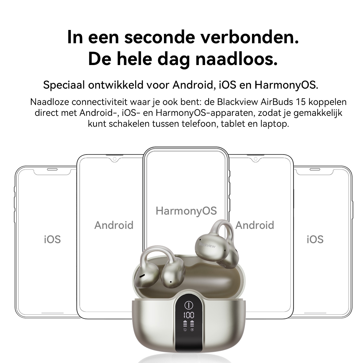 Zilveren oordopjes in een oplaadcase voor schematische telefoons met iOS, Android, HarmonyOS.