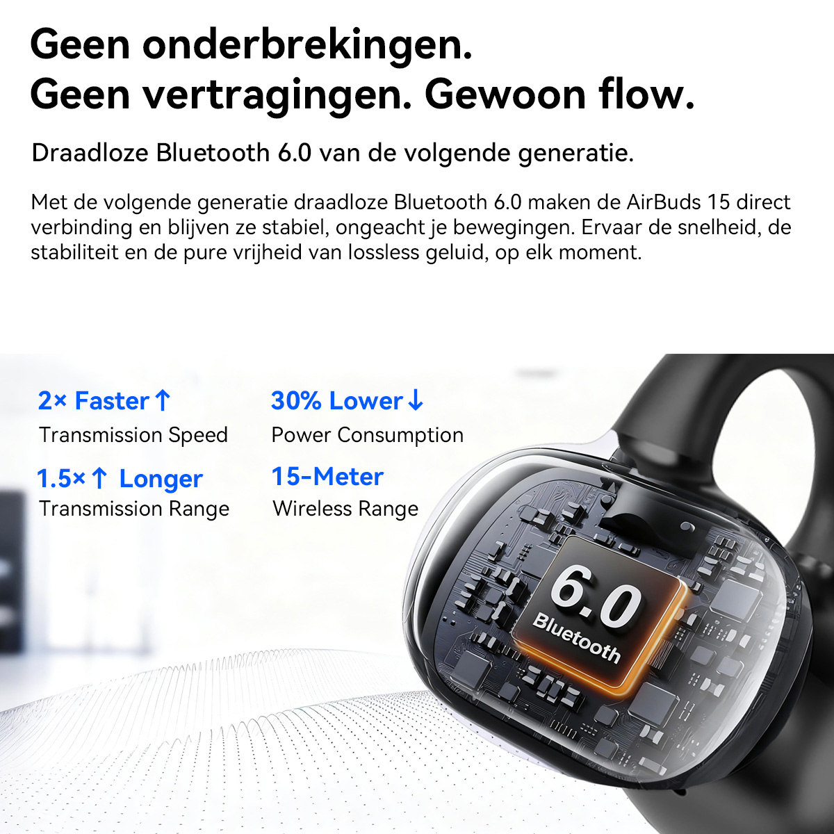Oordopjes met Bluetooth 6.0, met statistieken voor snelheid, bereik en verbruik.