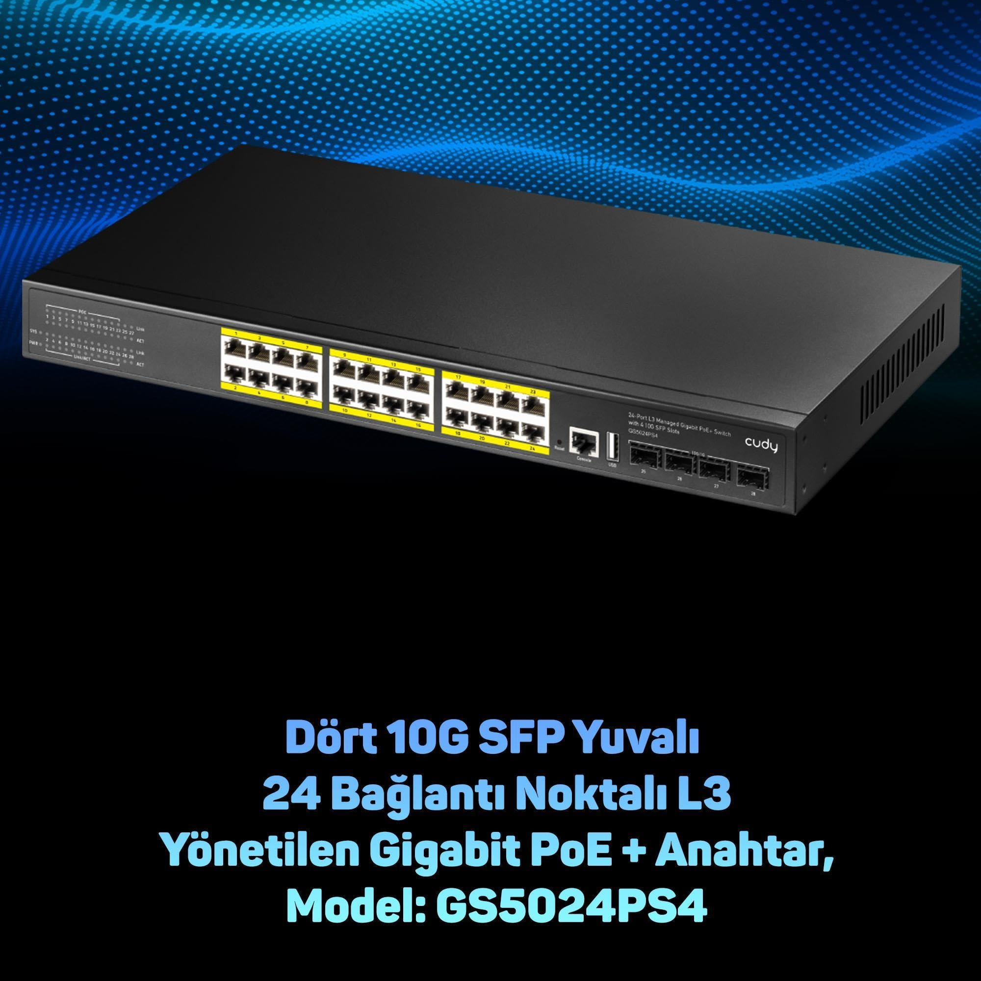 Siyah ağ anahtarı, 24 Gigabit port, 4 SFP yuvası, PoE+, L3 yönetilebilir.
