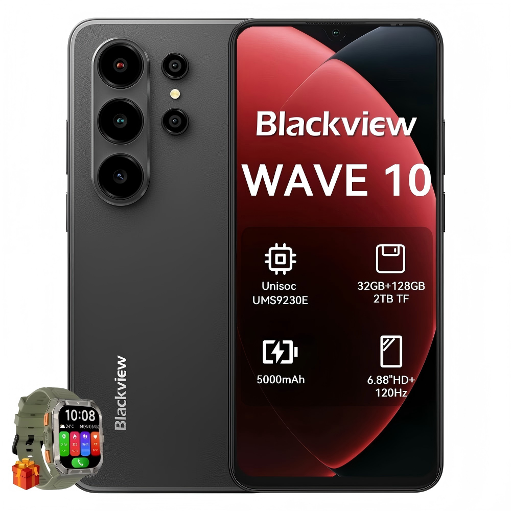 Zwarte smartphone met camera en display waarop "Blackview WAVE 10" staat.