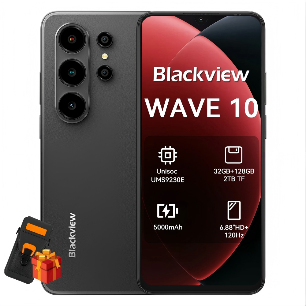 Zwarte smartphone met drievoudige camera's, accessoires en geschenkdoos.