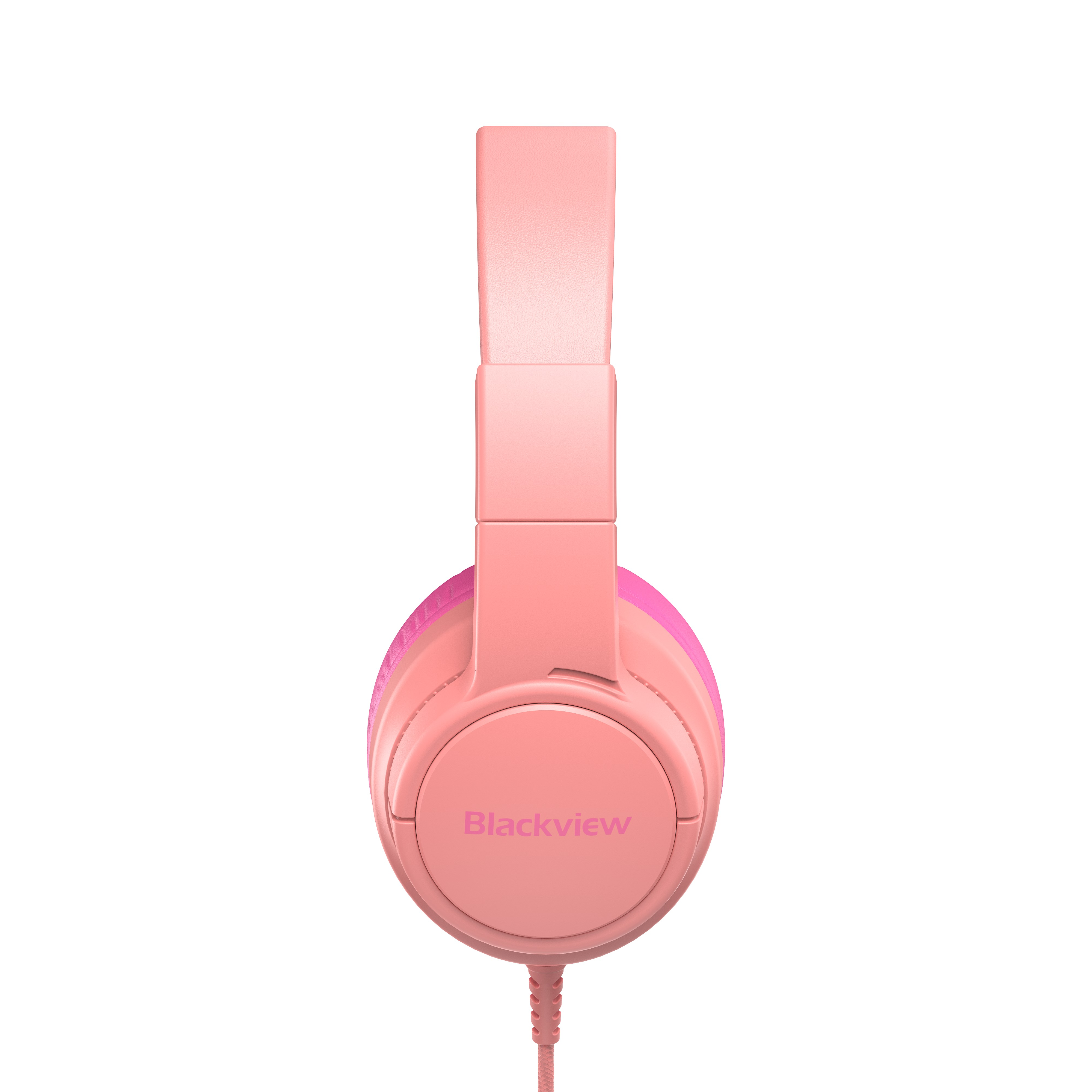 Un casque rose avec le logo Blackview sur le coussinet.