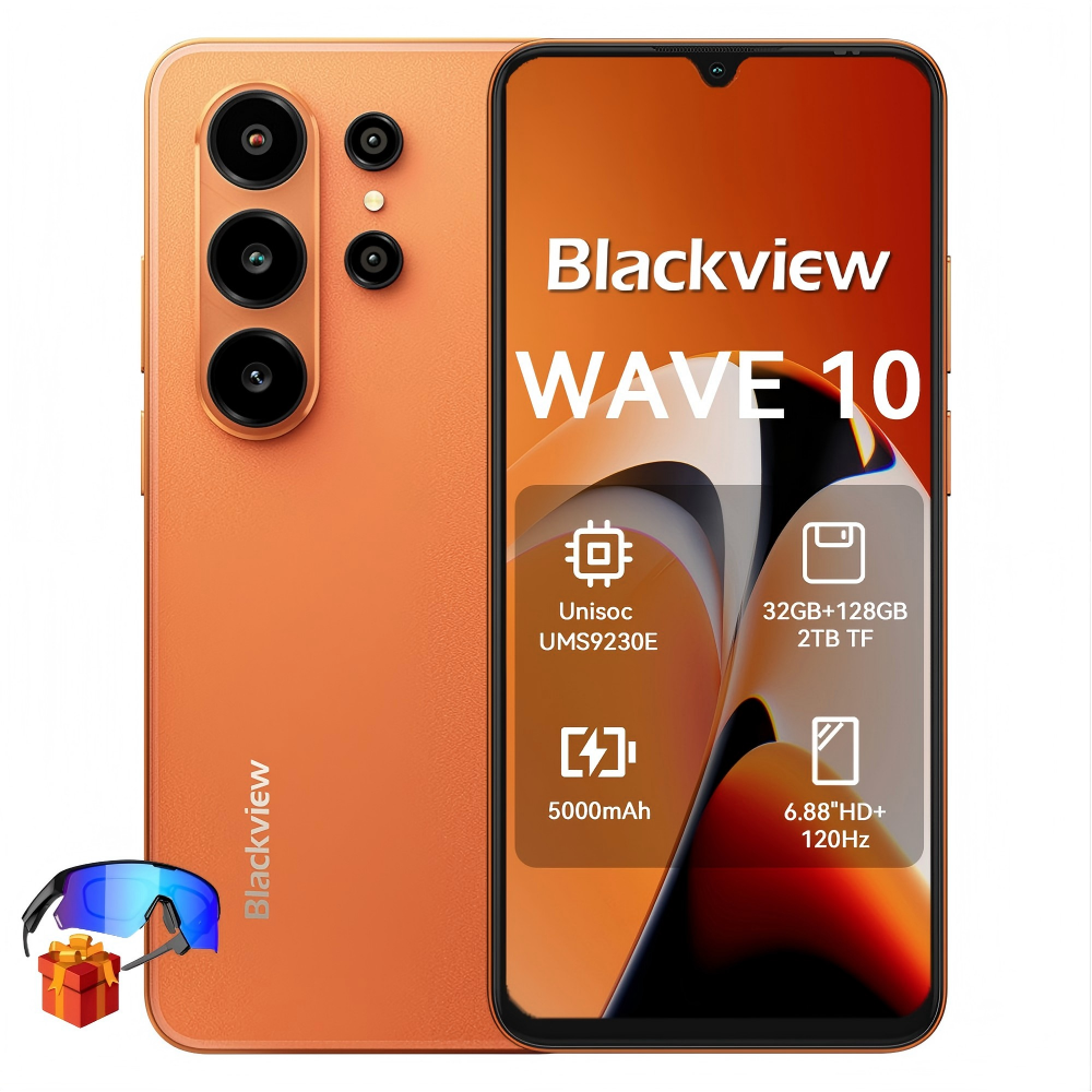 Oranje Blackview WAVE 10 telefoon met 3 camera's, naast zonnebril en cadeau.