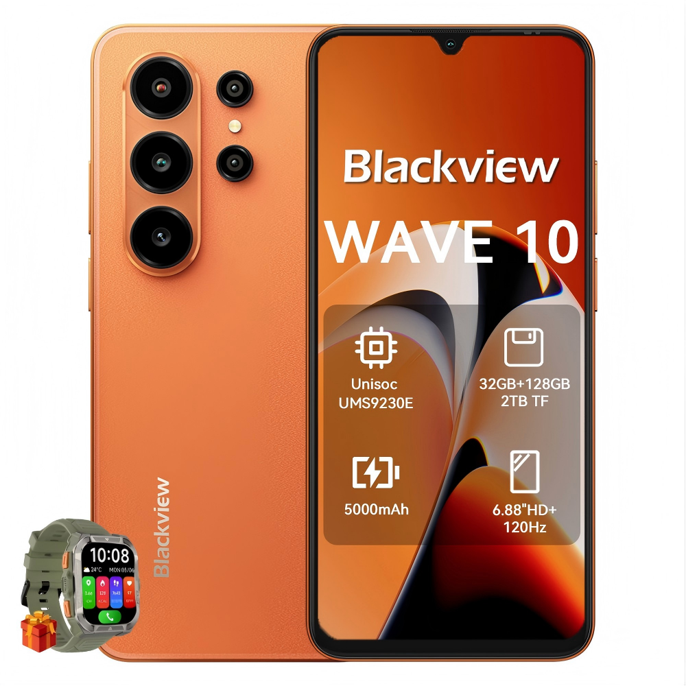 Oranje Blackview Wave 10 smartphone met drie camera's en een smartwatch.