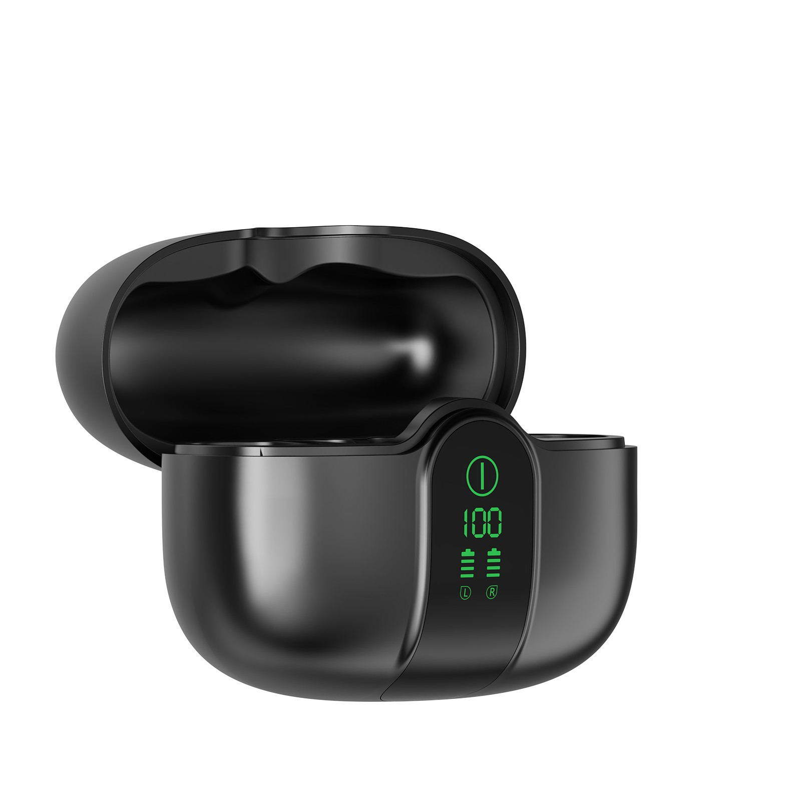 Zwarte oplaadcase met open deksel en groen digitaal display.