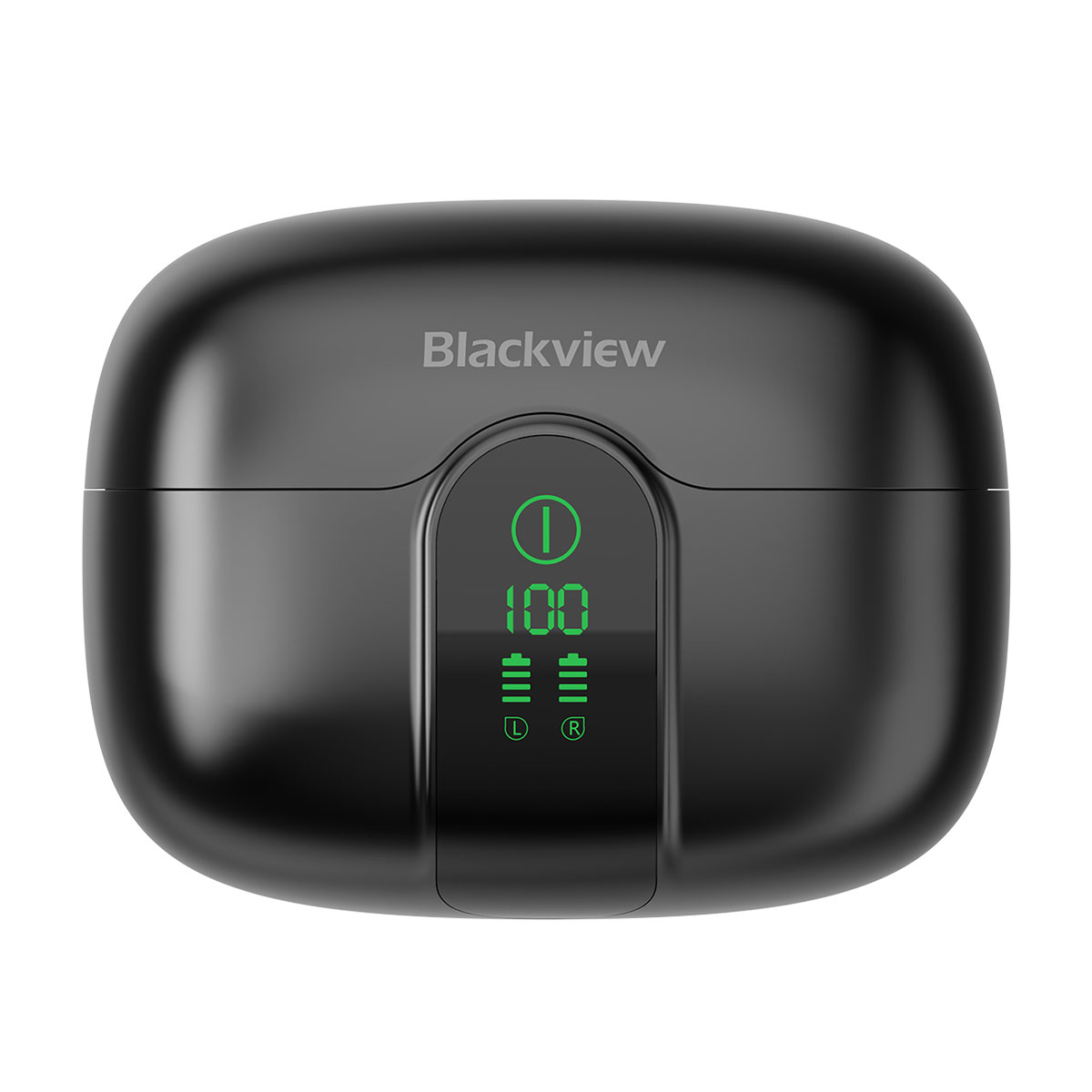 Zwarte oplaadcase met "Blackview"-logo en digitaal display.