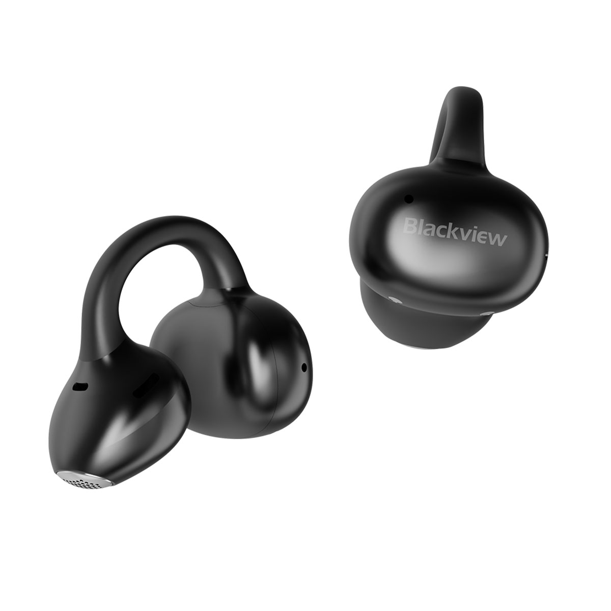 Twee zwarte Blackview draadloze oordopjes met oorhaken.