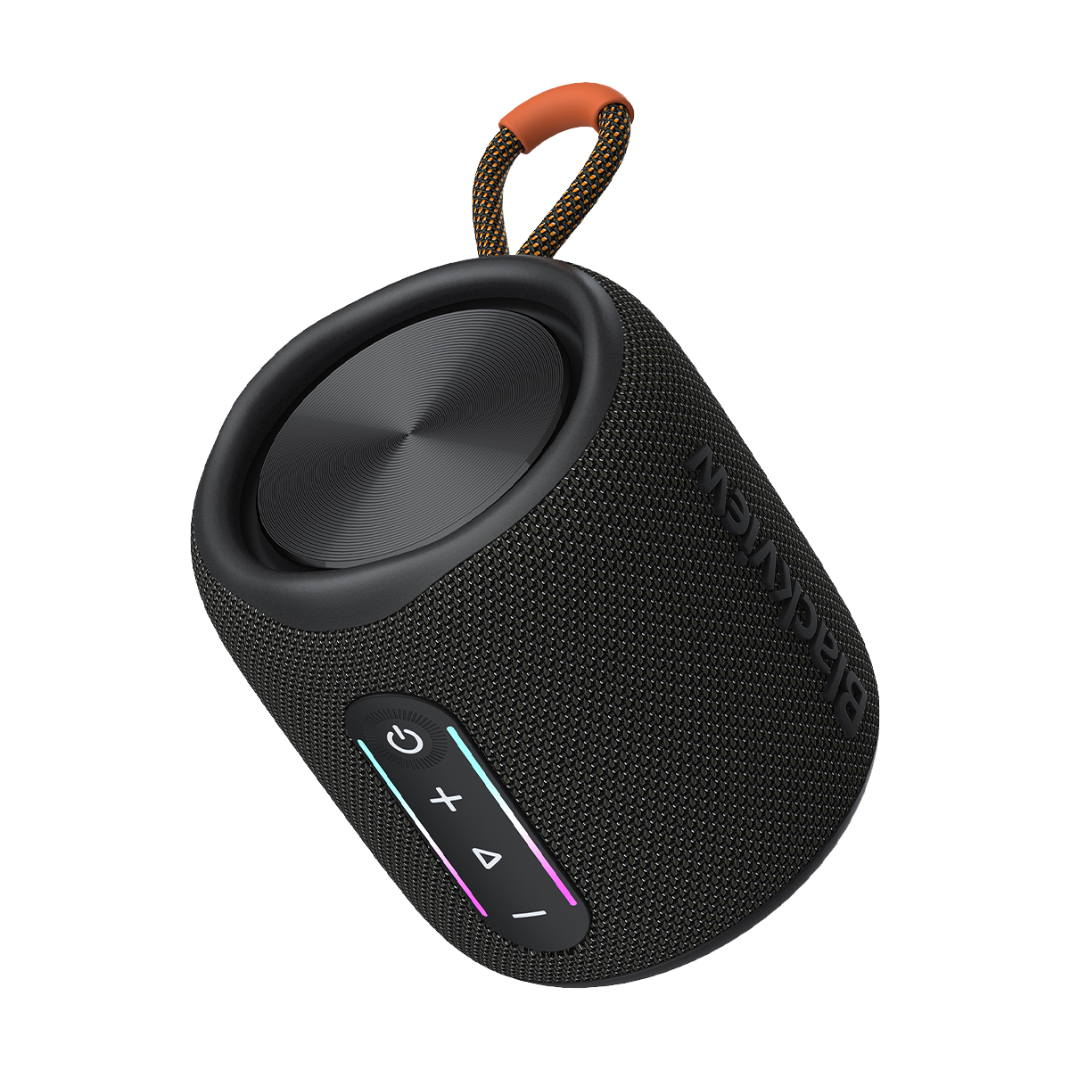 Black cylindrical speaker with orange handle and illuminated controls.
