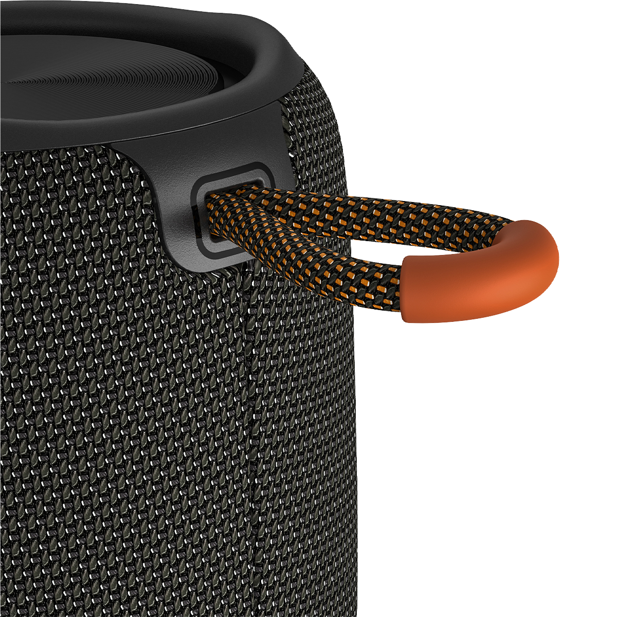 A dark gray speaker with a black and orange rope handle. Close-up view.