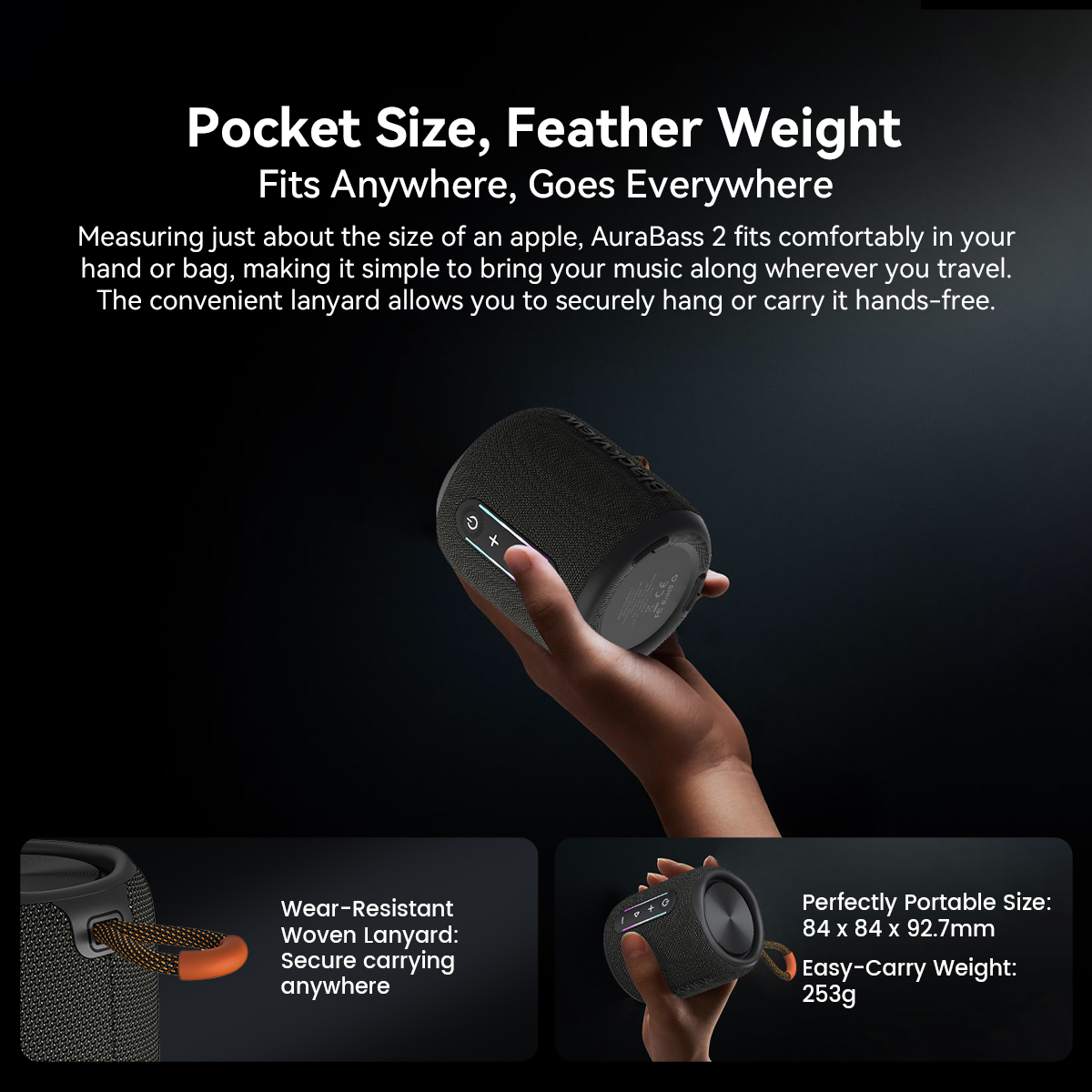 Black speaker in hand, with text about size and portability.