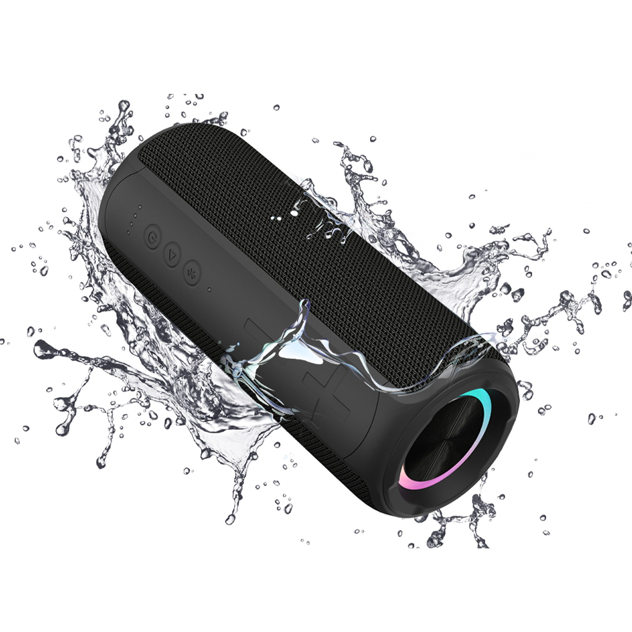 Black speaker with water splashes and colorful LED light ring on the end.