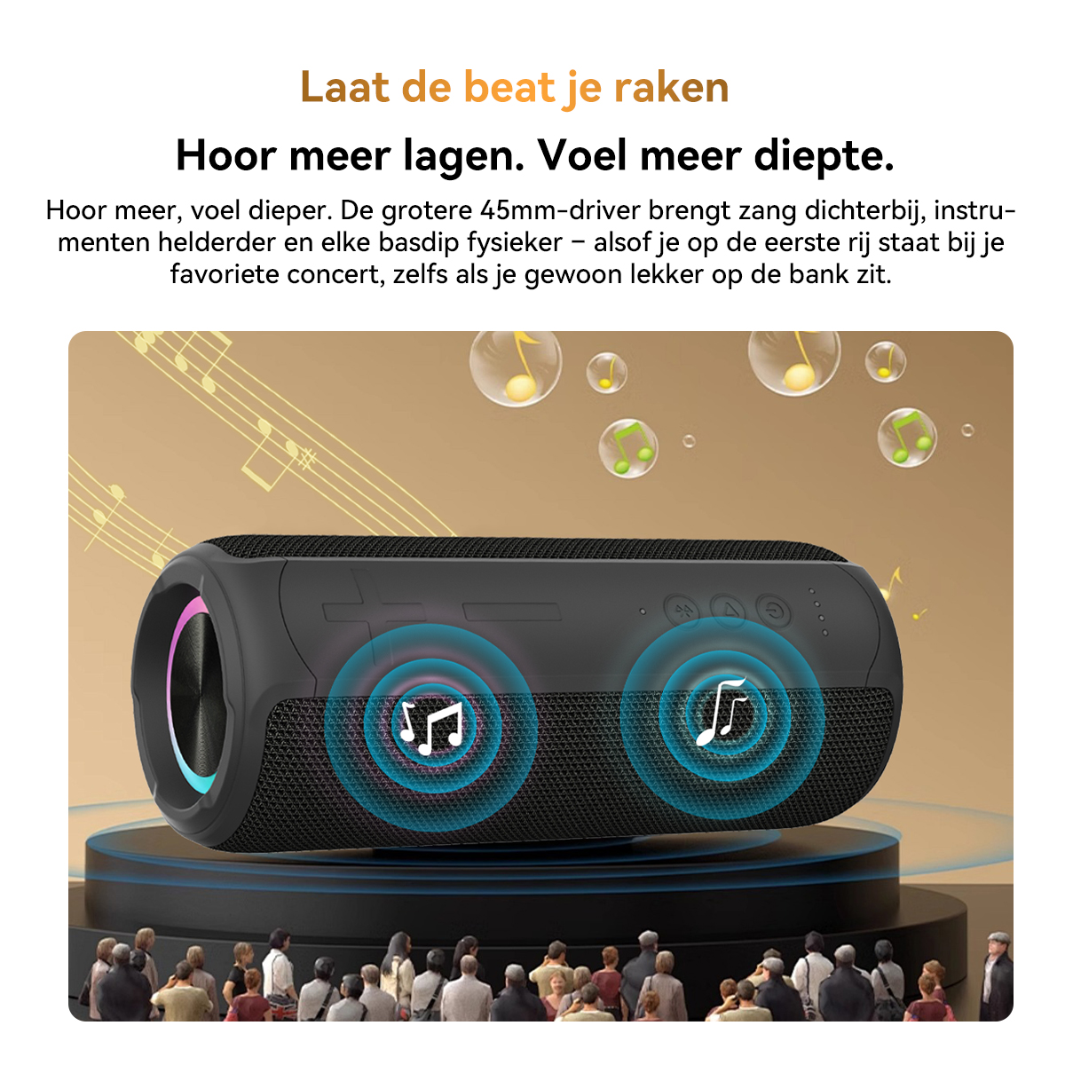 Black speaker with lights on a podium before an audience. Musical notes float.