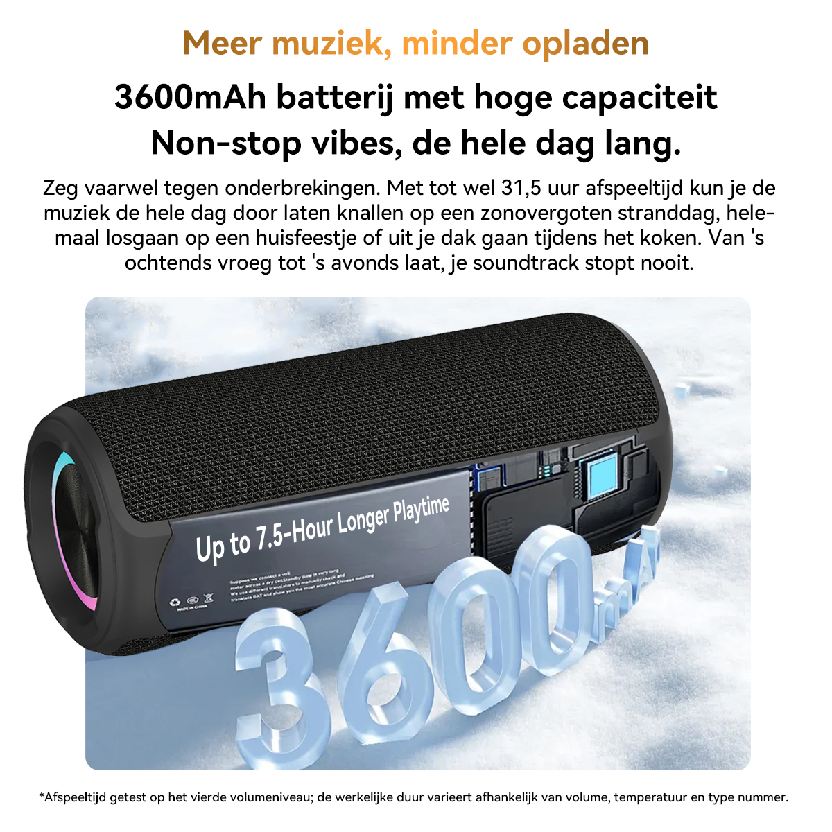 Black speaker with colorful LED ring, showing 3600mAh battery and 7.5-hour playtime.