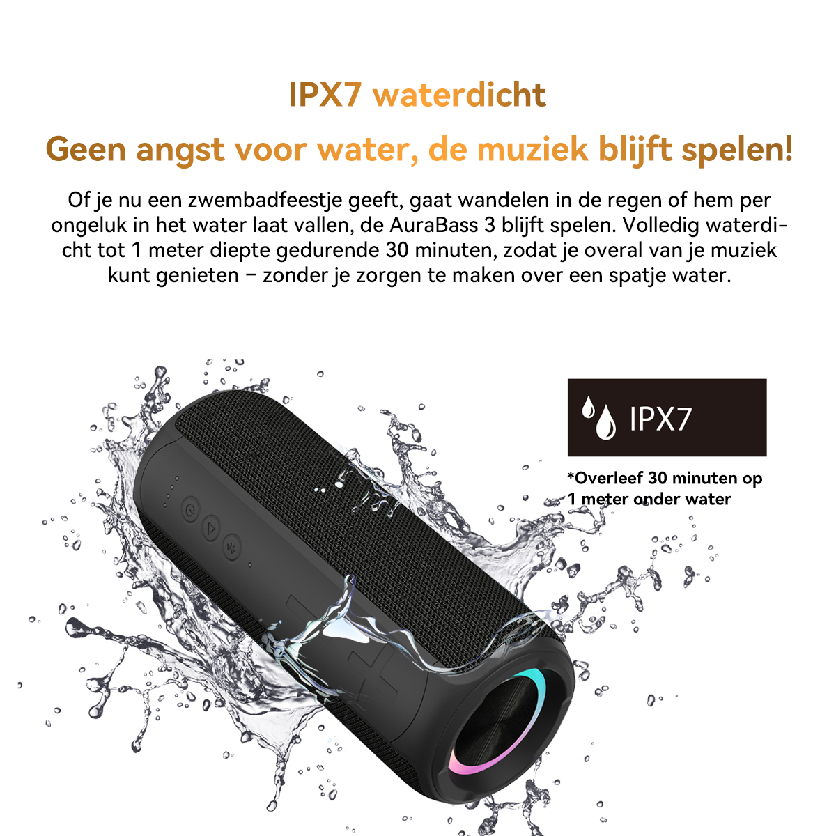 Black IPX7 waterproof speaker splashing in water.