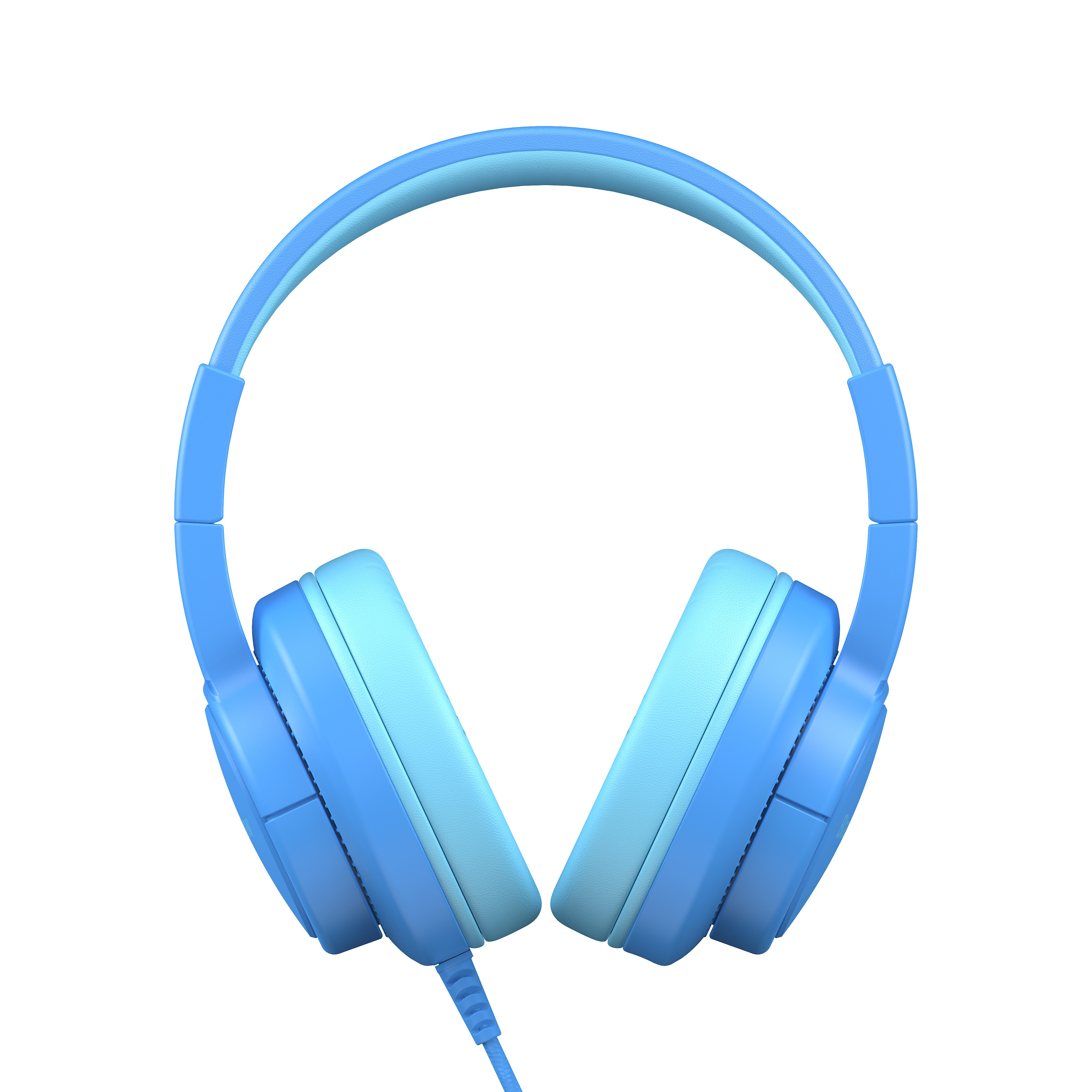 Casque bleu avec écouteurs bleu clair et un cordon.