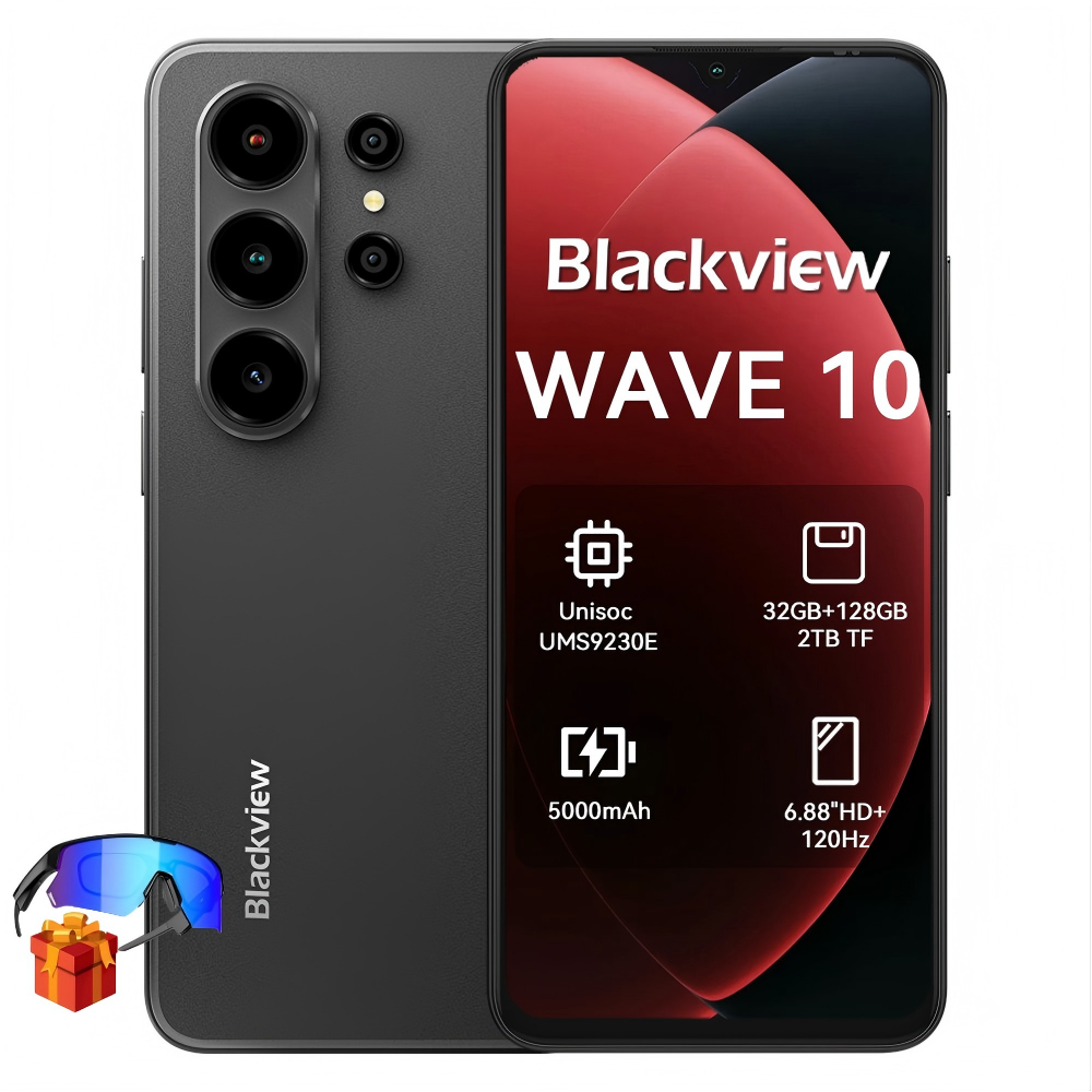 Zwarte smartphone met drie camera's, Unisoc, 5000mAh, 6.88" HD+.